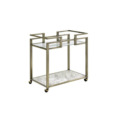 Neilo Serving Cart Clear Glass, Faux Marble Top & Wire Brass