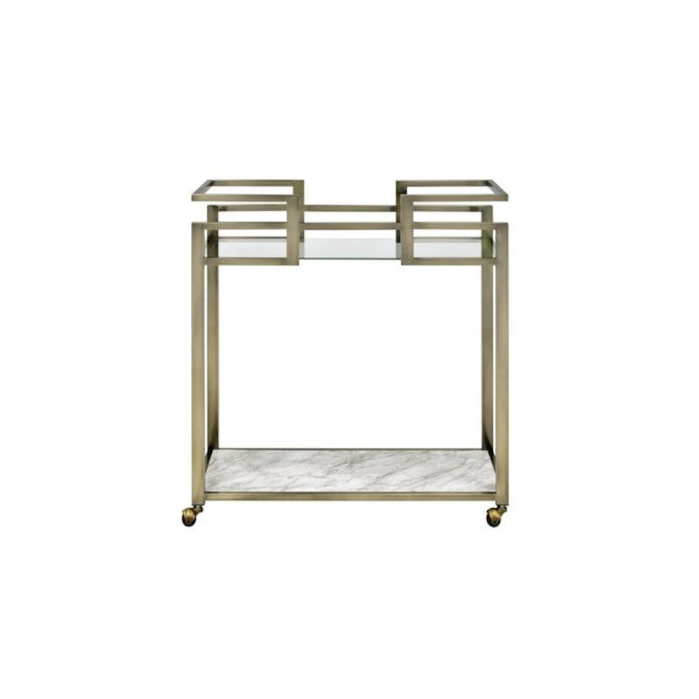 Neilo Serving Cart Clear Glass, Faux Marble Top & Wire Brass