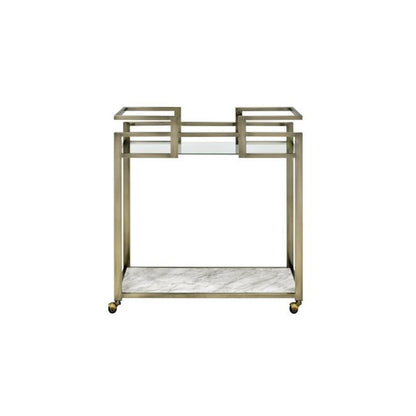 Neilo Serving Cart Clear Glass, Faux Marble Top & Wire Brass
