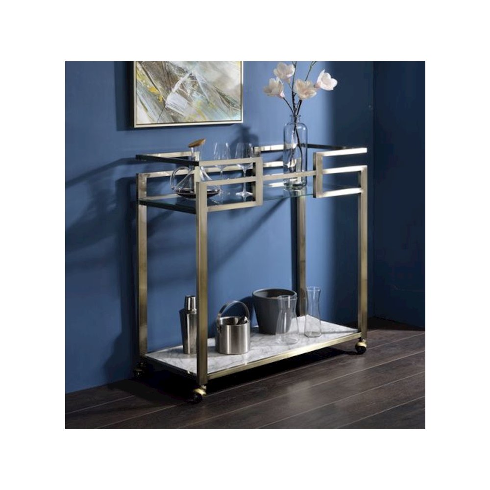 Neilo Serving Cart Clear Glass, Faux Marble Top & Wire Brass