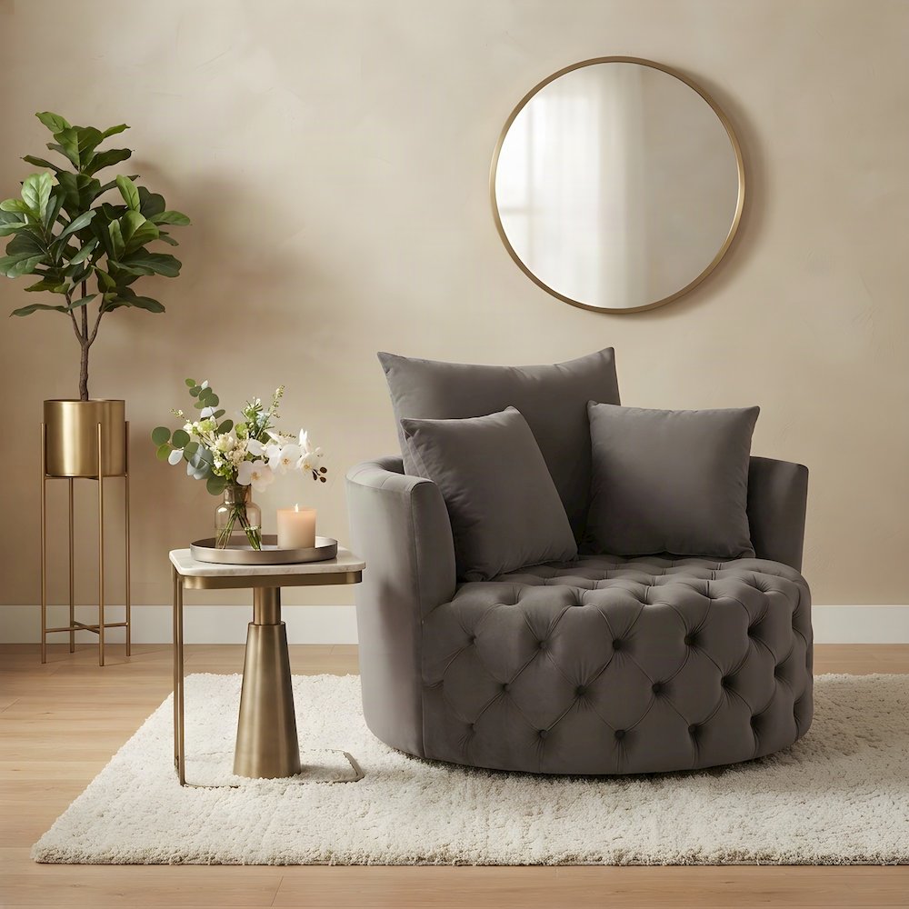 Velvet Swivel Accent Chair, Upholstered Comfy Living Room Armchair, Gray Velvet