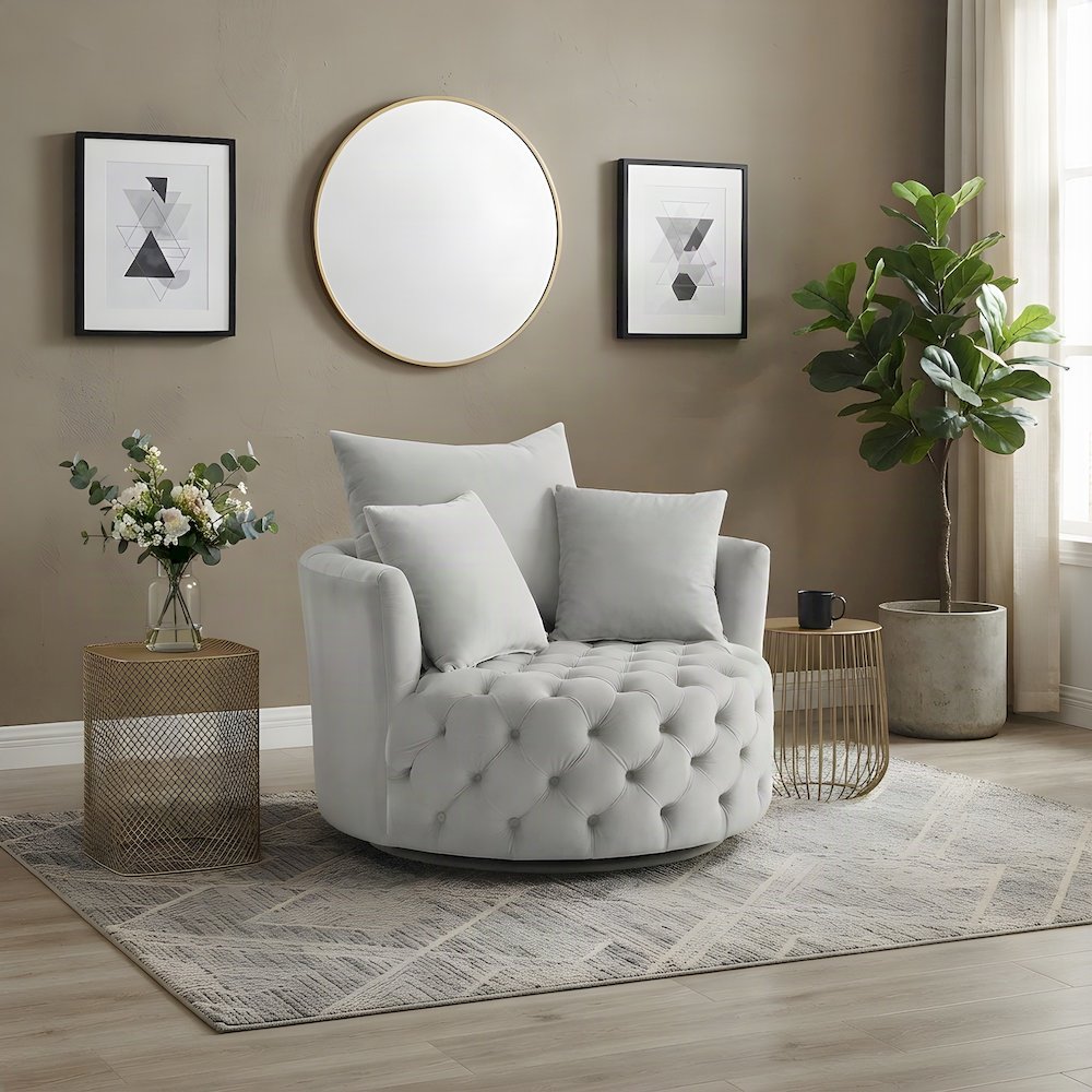 Velvet Swivel Accent Chair, Upholstered Comfy Living Room Armchair, Gray Velvet