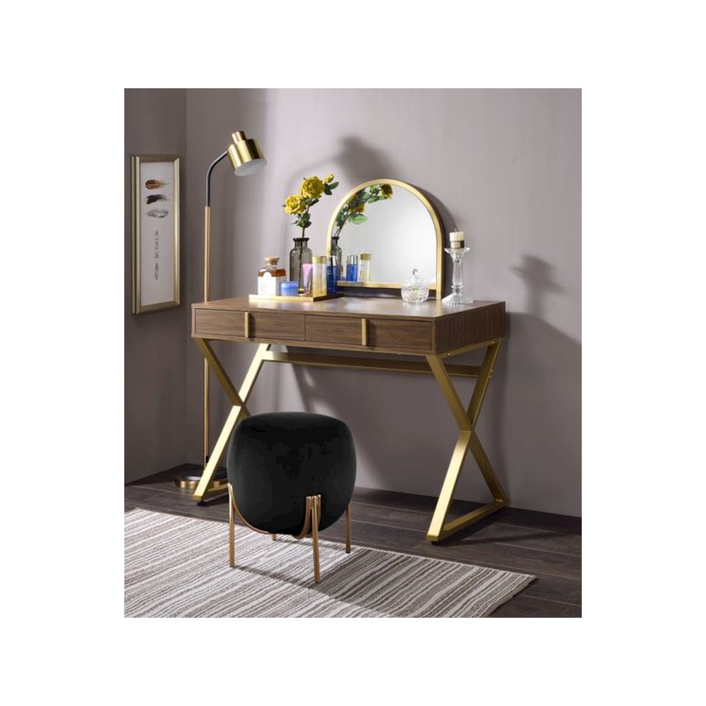 Coleen Vanity Desk w/Mirror & Jewelry Tray Walnut & Gold
