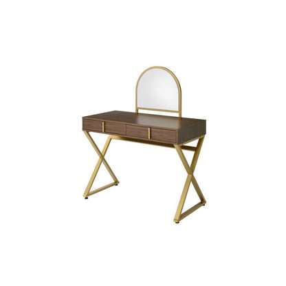 Coleen Vanity Desk w/Mirror & Jewelry Tray Walnut & Gold