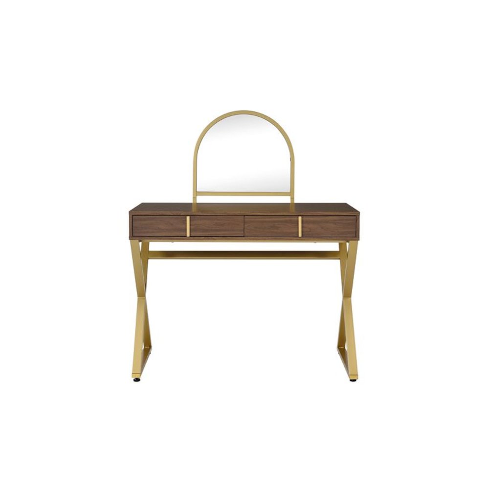 Coleen Vanity Desk w/Mirror & Jewelry Tray Walnut & Gold