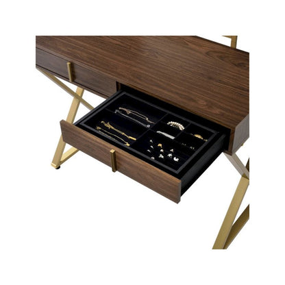 Coleen Vanity Desk w/Mirror & Jewelry Tray Walnut & Gold