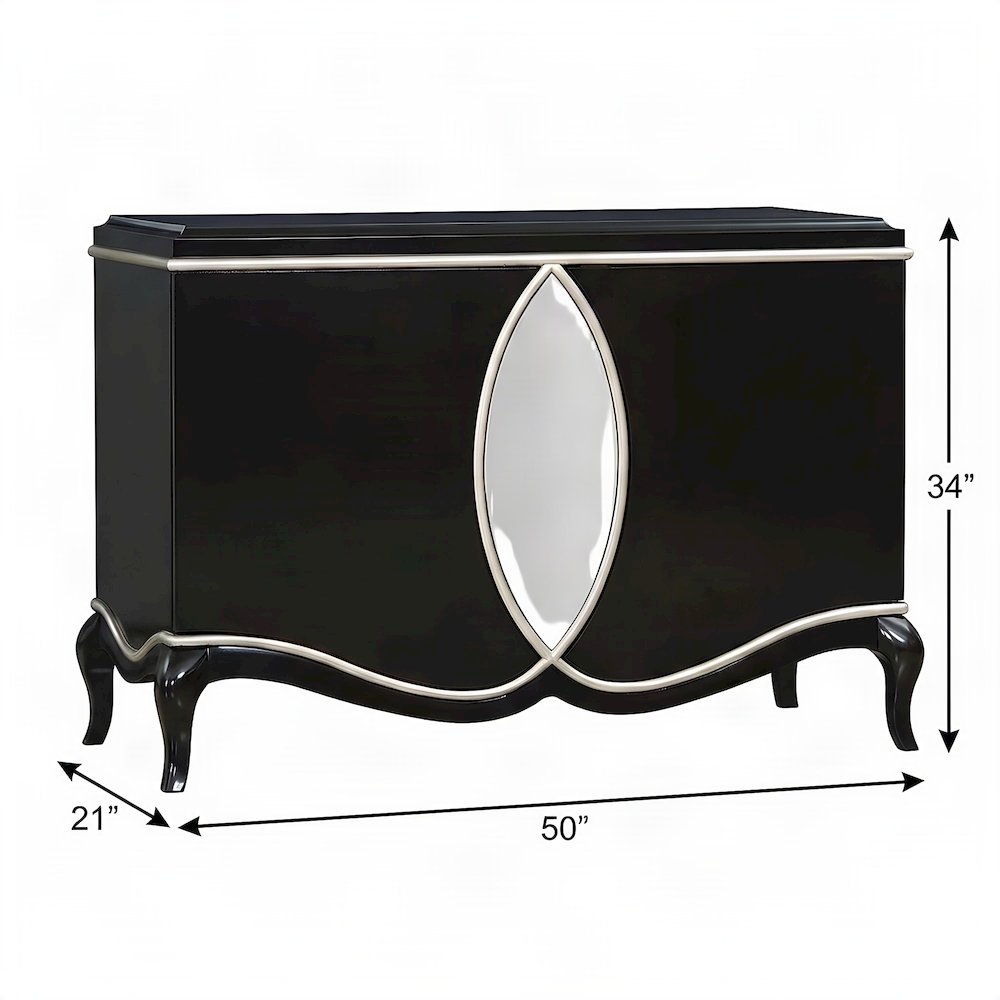 Wood Veneer Console Buffet Cabinet with Mirror and Open Shelves, Black