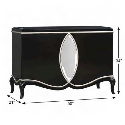 Wood Veneer Console Buffet Cabinet with Mirror and Open Shelves, Black