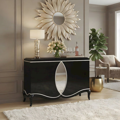 Wood Veneer Console Buffet Cabinet with Mirror and Open Shelves, Black