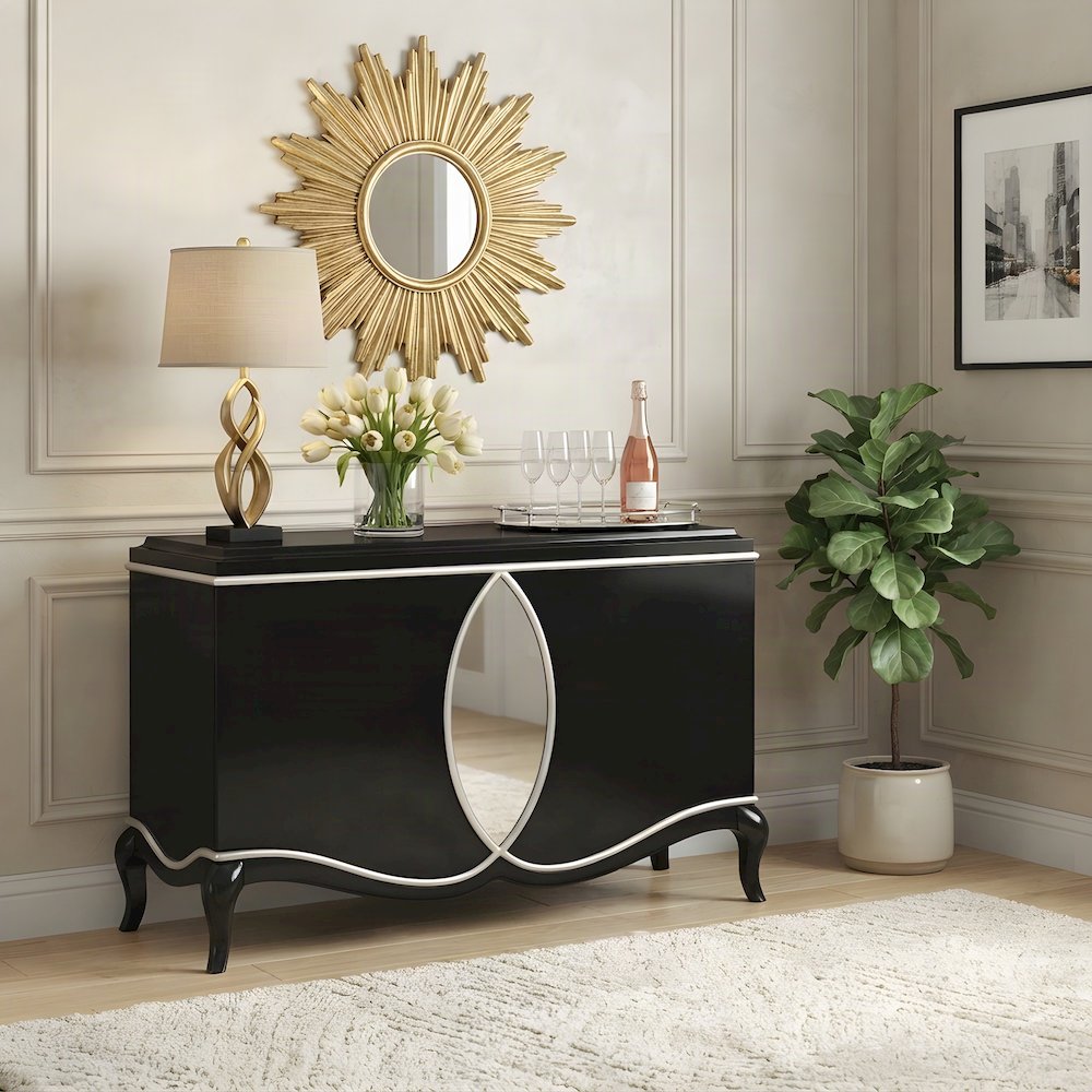 Wood Veneer Console Buffet Cabinet with Mirror and Open Shelves, Black
