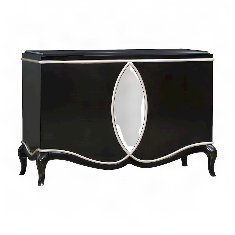 Wood Veneer Console Buffet Cabinet with Mirror and Open Shelves, Black