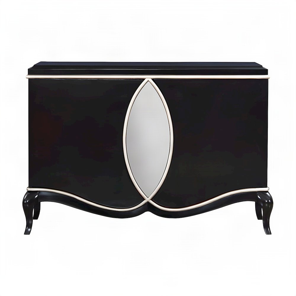 Wood Veneer Console Buffet Cabinet with Mirror and Open Shelves, Black