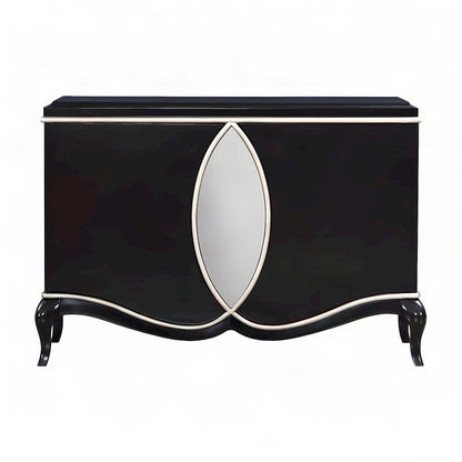Wood Veneer Console Buffet Cabinet with Mirror and Open Shelves, Black