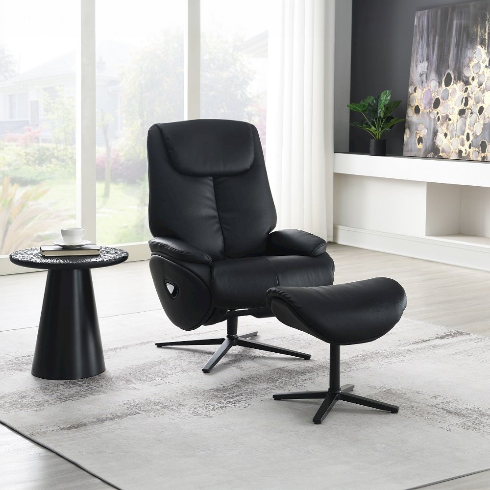 Labonita Accent Chair w/Swivel & Ottoman Black Top Grain Leather & Black