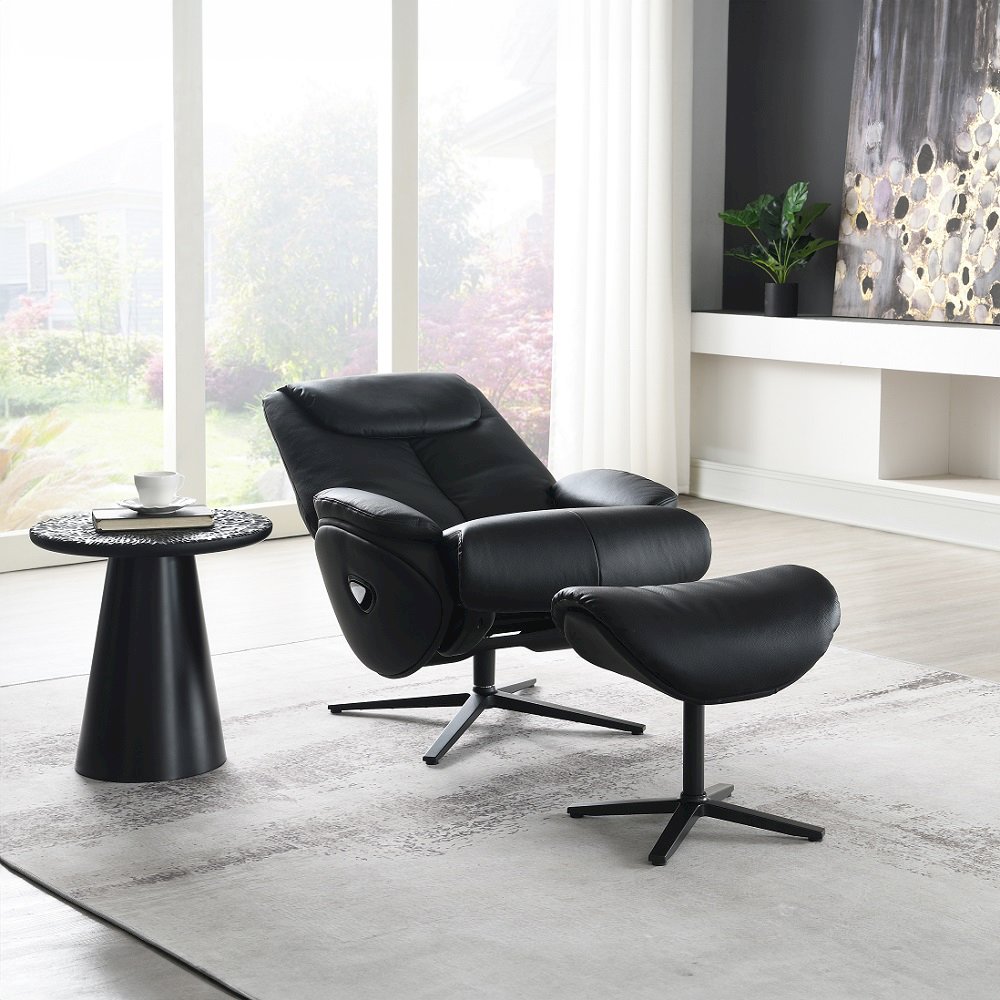 Labonita Accent Chair w/Swivel & Ottoman Black Top Grain Leather & Black