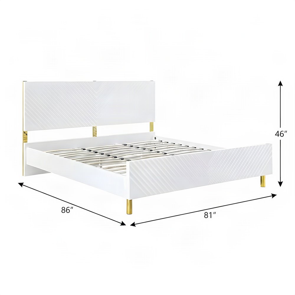 Eastern King Platform Bed Frame in High Gloss Composite Wood, White High Gloss