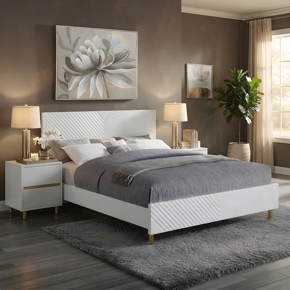 Eastern King Platform Bed Frame in High Gloss Composite Wood, White High Gloss