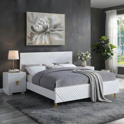 Eastern King Platform Bed Frame in High Gloss Composite Wood, White High Gloss