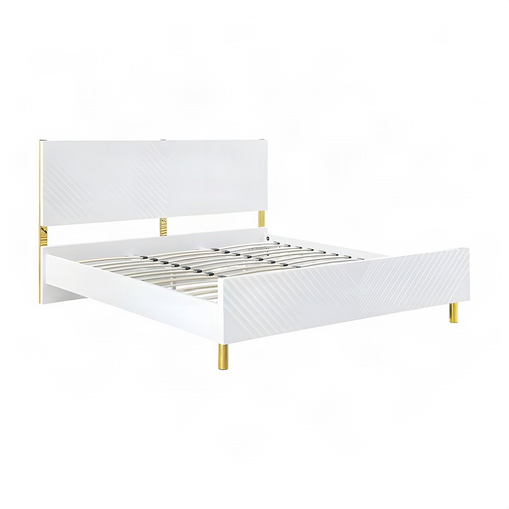 Eastern King Platform Bed Frame in High Gloss Composite Wood, White High Gloss