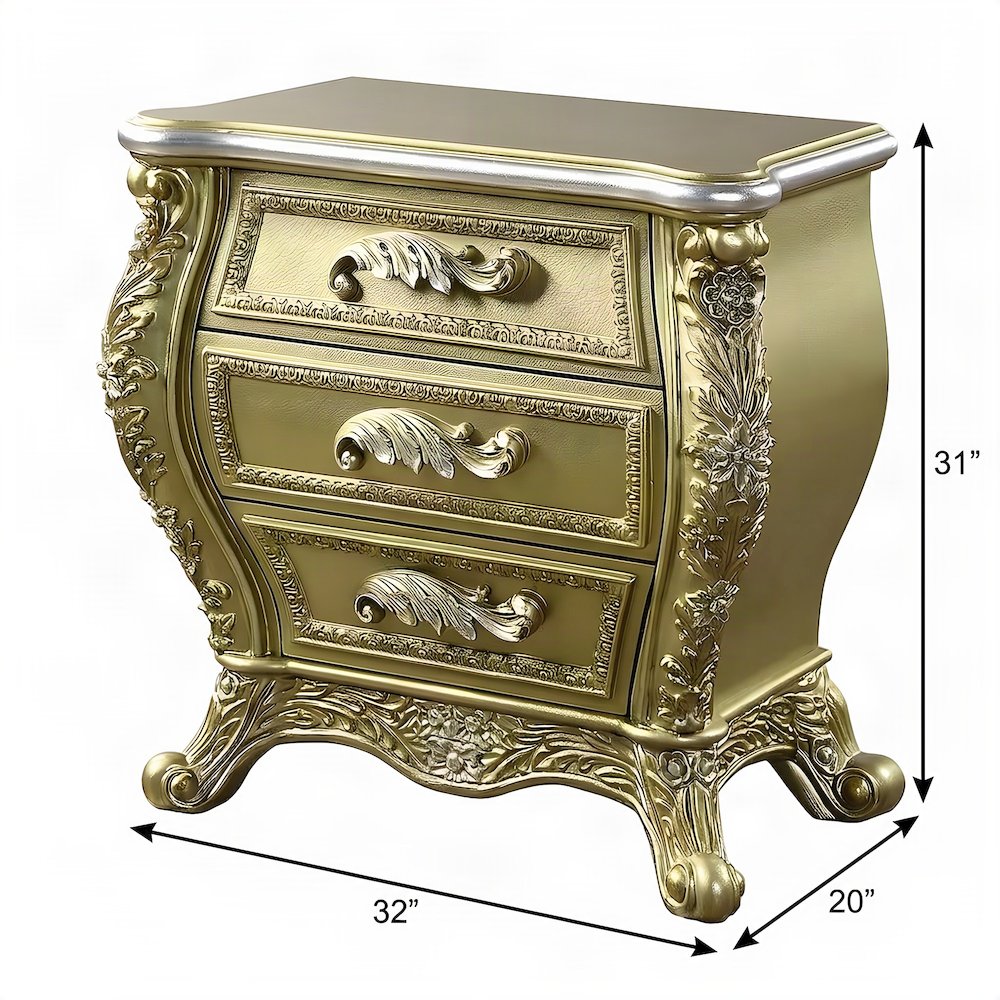 Transitional Resin Nightstand with Cabriole Legs, 3-Drawer Bedside, Gold