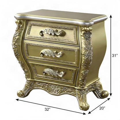 Transitional Resin Nightstand with Cabriole Legs, 3-Drawer Bedside, Gold