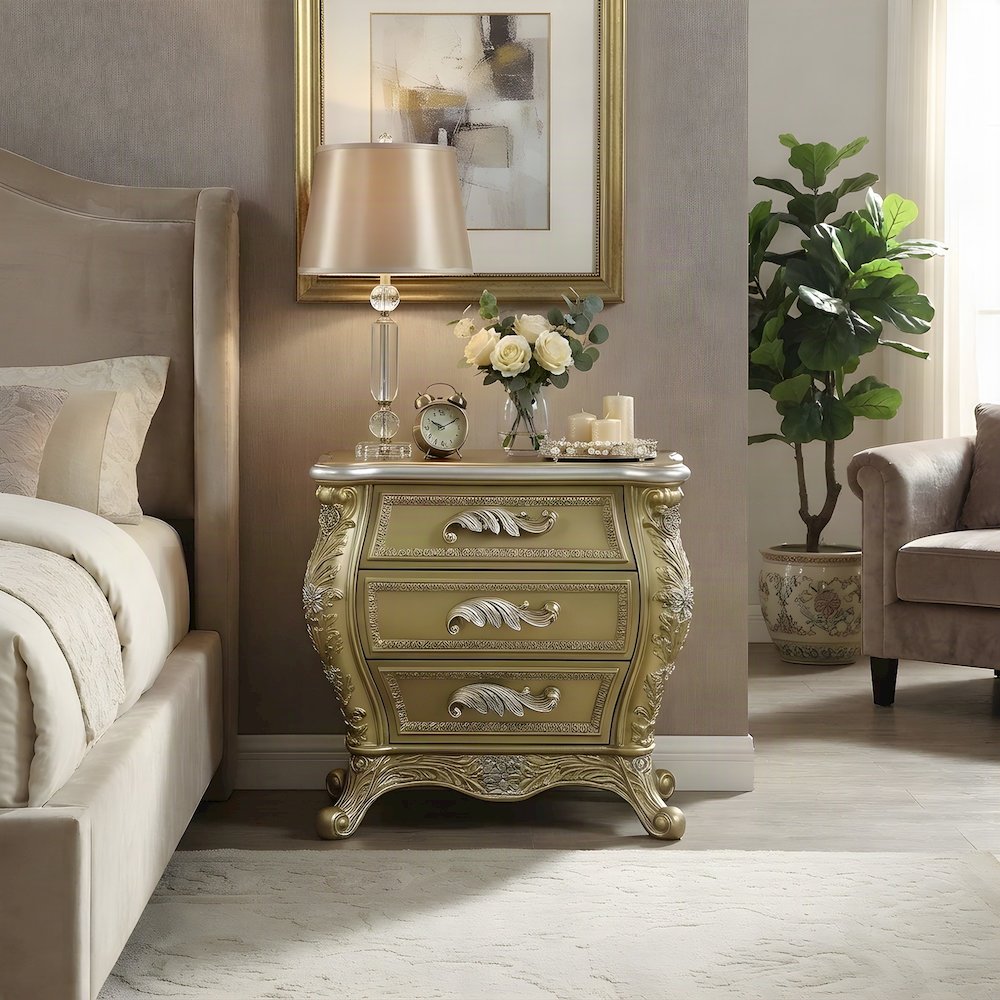 Transitional Resin Nightstand with Cabriole Legs, 3-Drawer Bedside, Gold