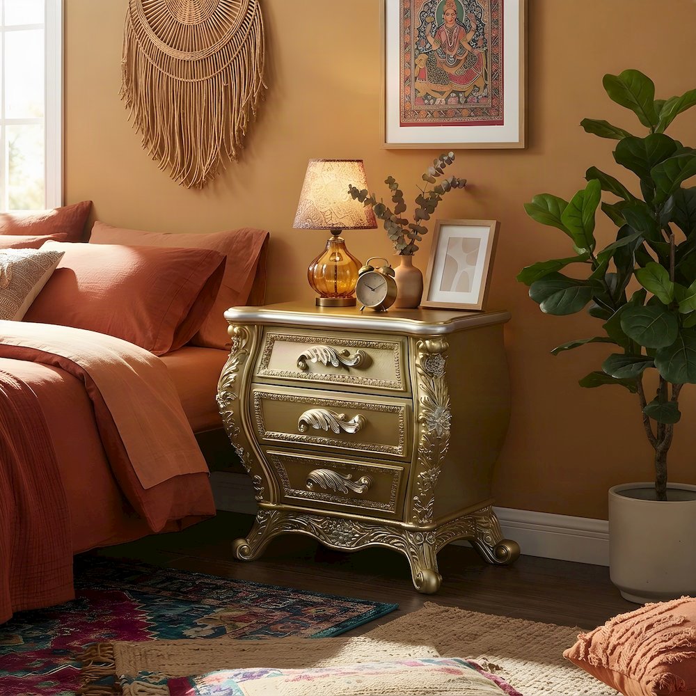 Transitional Resin Nightstand with Cabriole Legs, 3-Drawer Bedside, Gold