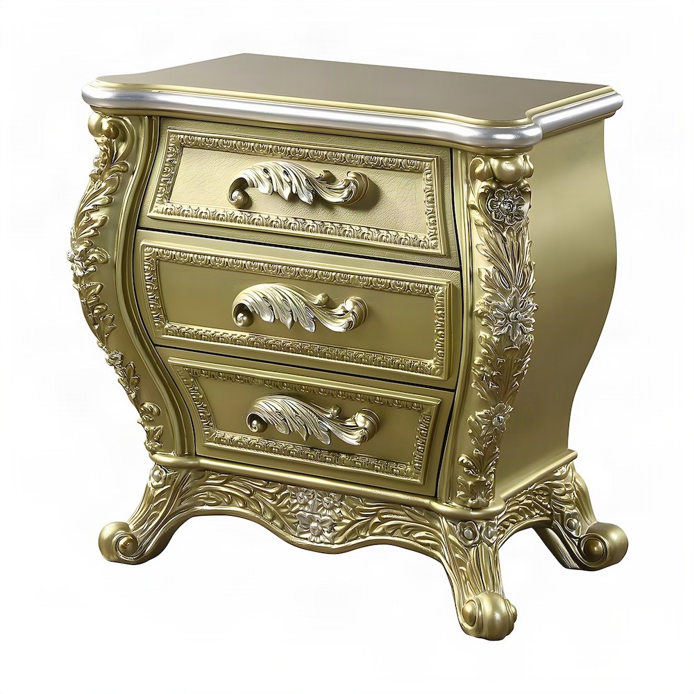 Transitional Resin Nightstand with Cabriole Legs, 3-Drawer Bedside, Gold