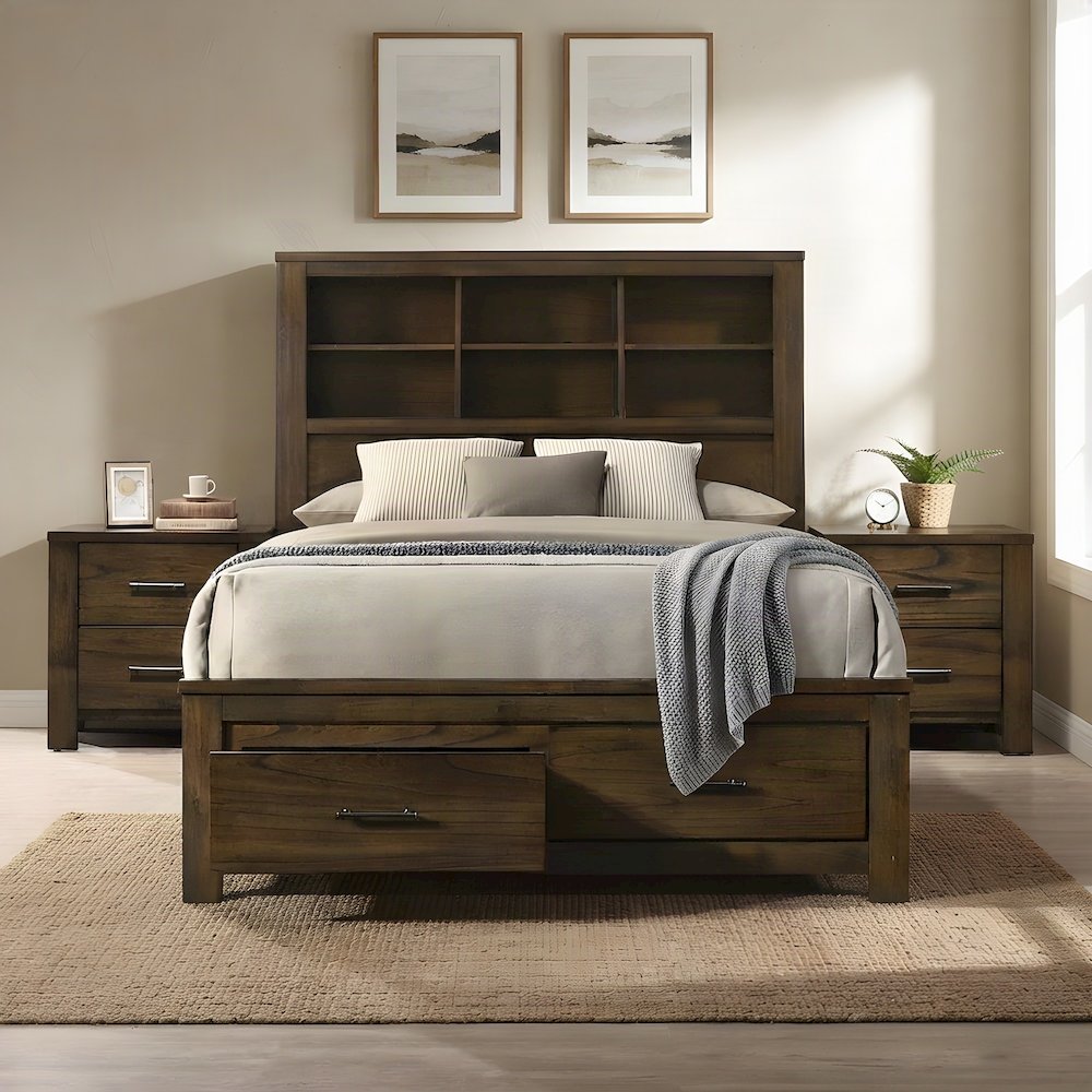Queen Wood Platform Bed Frame with Headboard and Storage Drawers, Oak