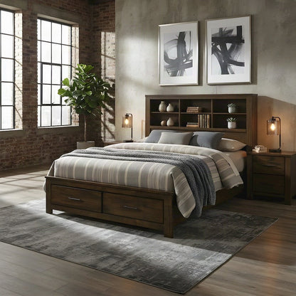 Queen Wood Platform Bed Frame with Headboard and Storage Drawers, Oak
