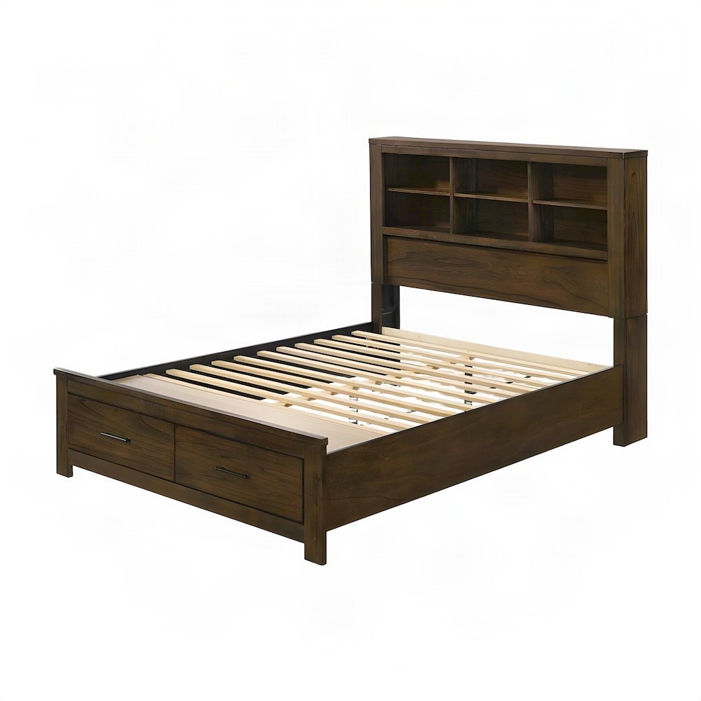 Queen Wood Platform Bed Frame with Headboard and Storage Drawers, Oak