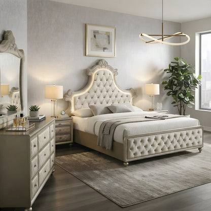 Velvet Upholstered Contemporary Platform Bed with, Beige Velvet, Eastern King