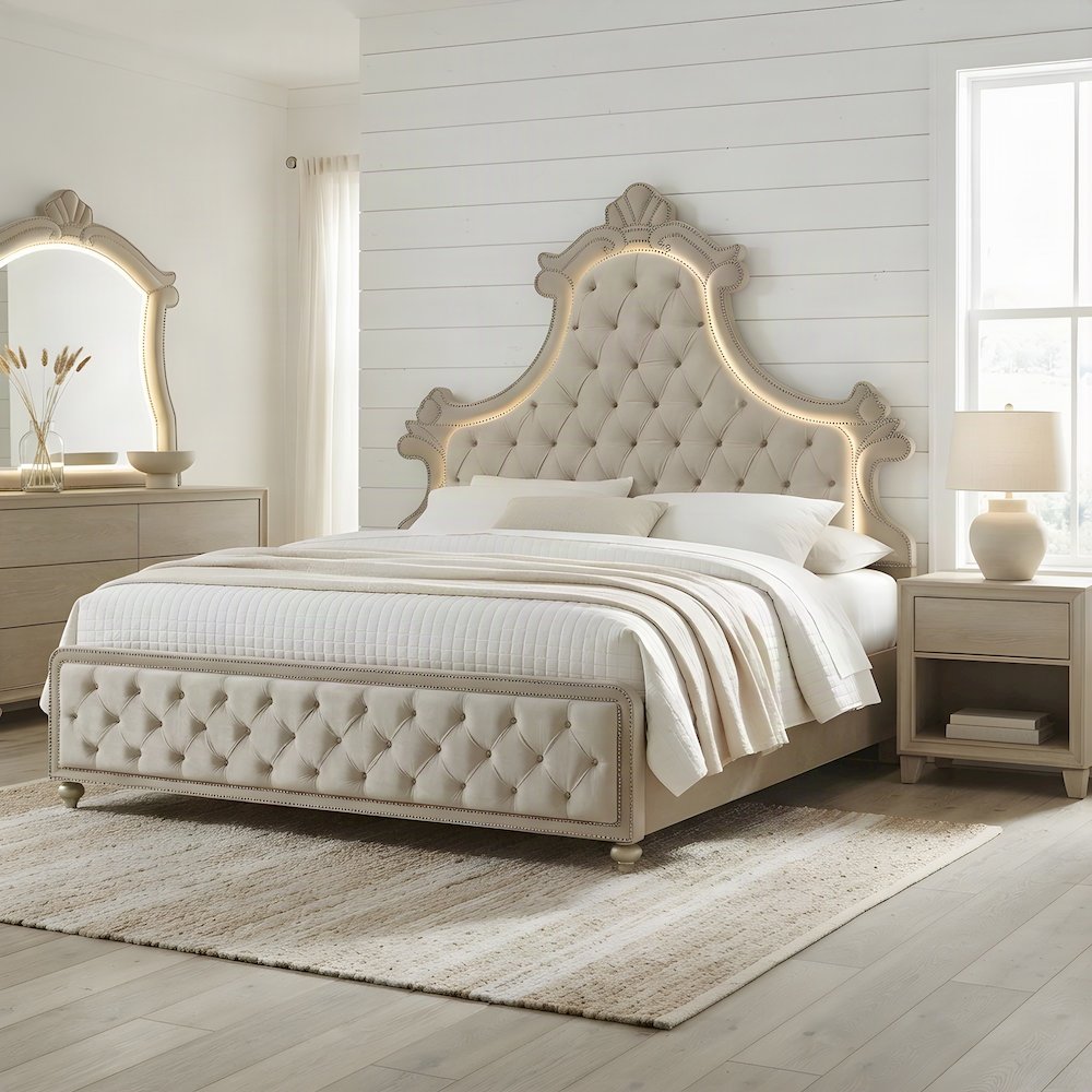 Velvet Upholstered Contemporary Platform Bed with, Beige Velvet, Eastern King