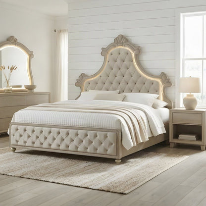 Velvet Upholstered Contemporary Platform Bed with, Beige Velvet, Eastern King