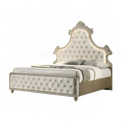 Velvet Upholstered Contemporary Platform Bed with, Beige Velvet, Eastern King