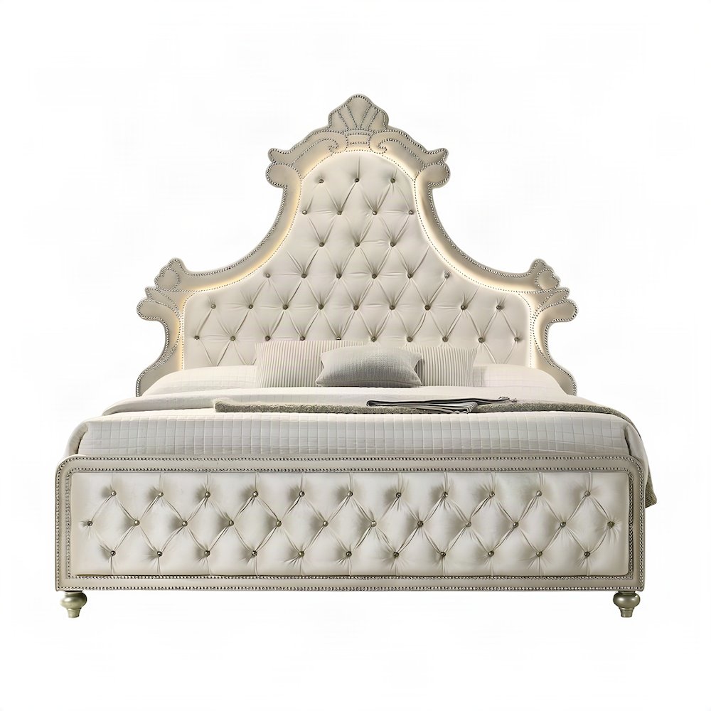 Velvet Upholstered Contemporary Platform Bed with, Beige Velvet, Eastern King