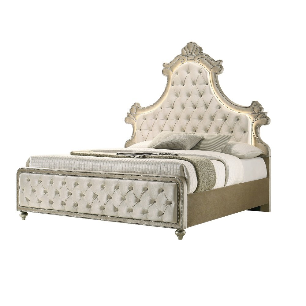 Lucienne Queen Bed w/LED Beige Velvet