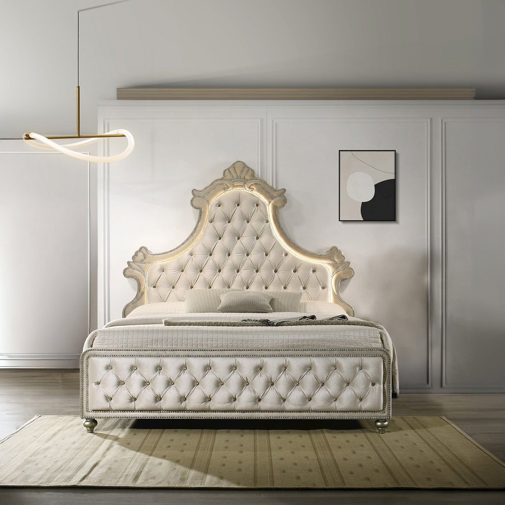 Lucienne Queen Bed w/LED Beige Velvet