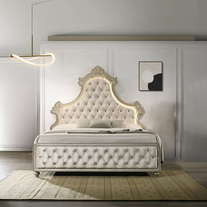 Lucienne Queen Bed w/LED Beige Velvet