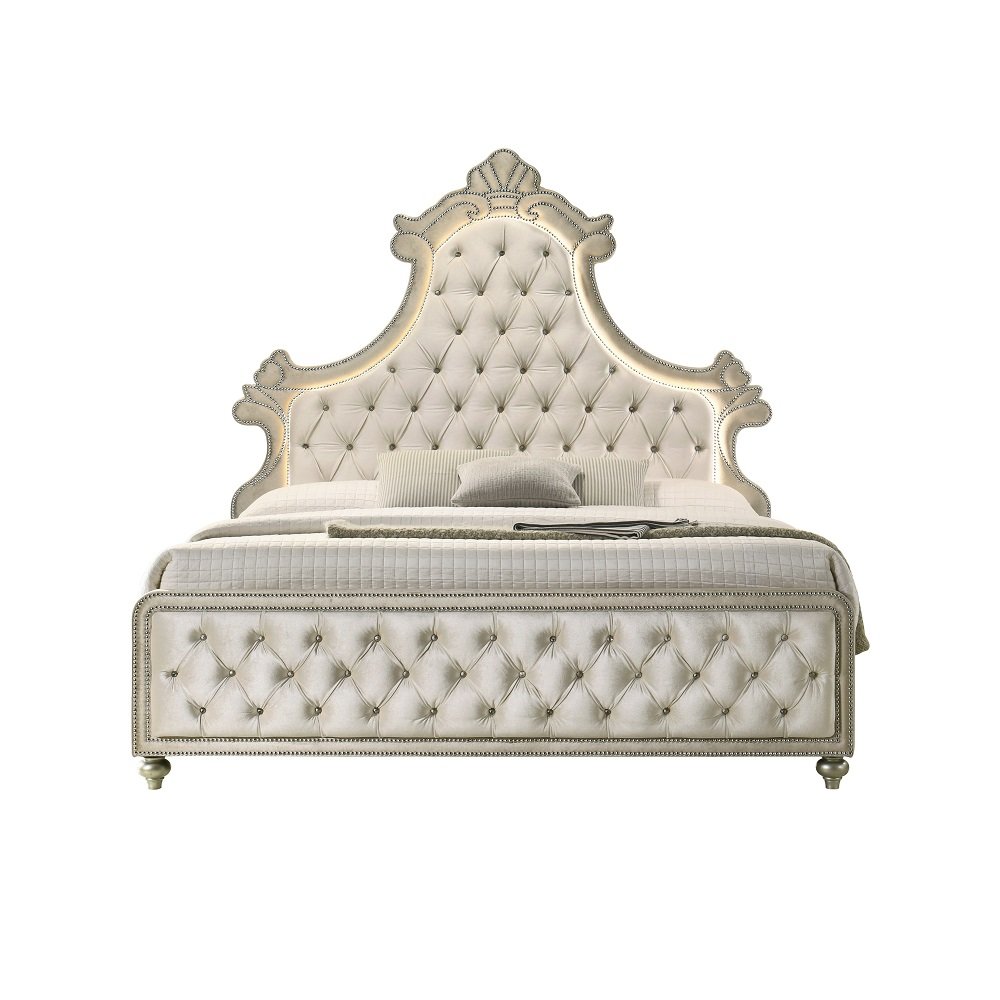 Lucienne Queen Bed w/LED Beige Velvet