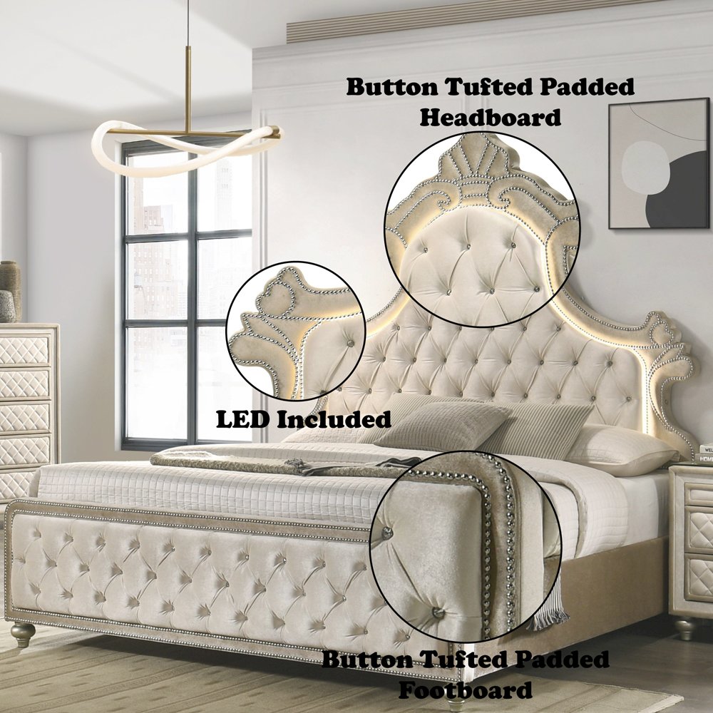 Lucienne Queen Bed w/LED Beige Velvet
