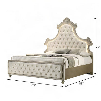 Velvet Upholstered Contemporary Platform Bed with, Beige Velvet, Queen