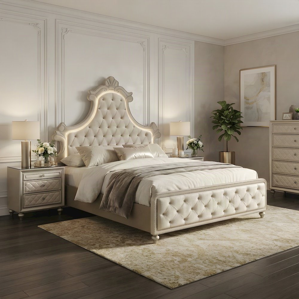 Velvet Upholstered Contemporary Platform Bed with, Beige Velvet, Queen