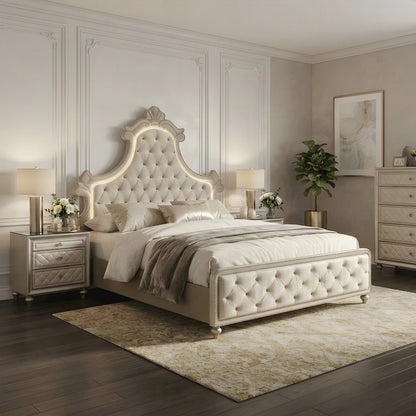 Velvet Upholstered Contemporary Platform Bed with, Beige Velvet, Queen