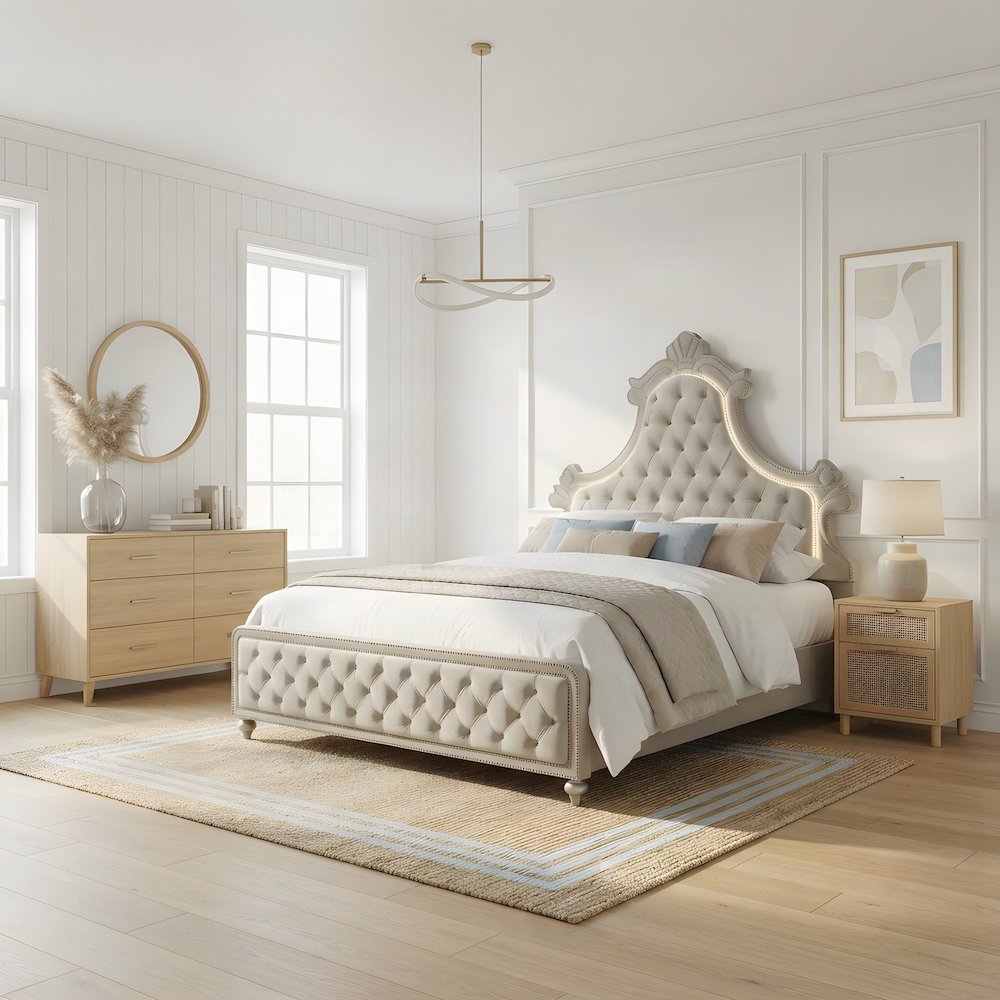 Velvet Upholstered Contemporary Platform Bed with, Beige Velvet, Queen