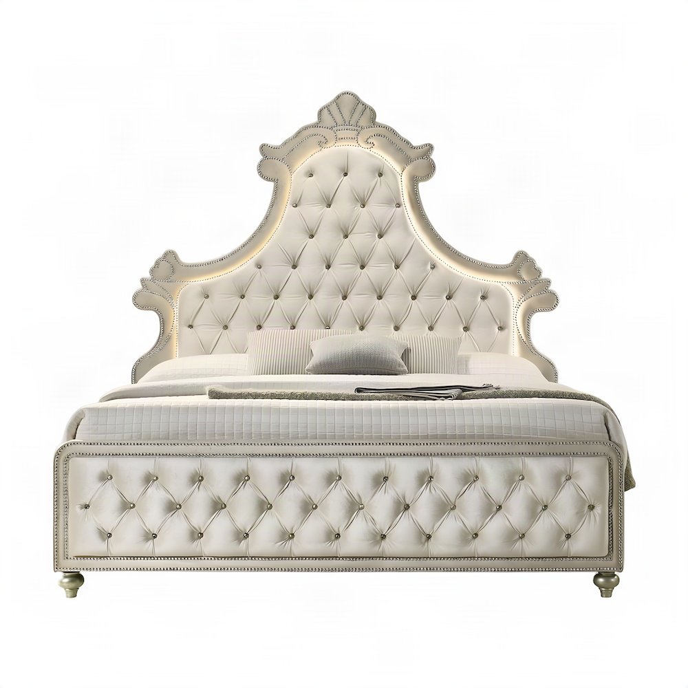 Velvet Upholstered Contemporary Platform Bed with, Beige Velvet, Queen