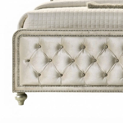 Velvet Upholstered Contemporary Platform Bed with, Beige Velvet, Queen