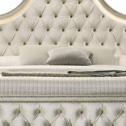 Velvet Upholstered Contemporary Platform Bed with, Beige Velvet, Queen