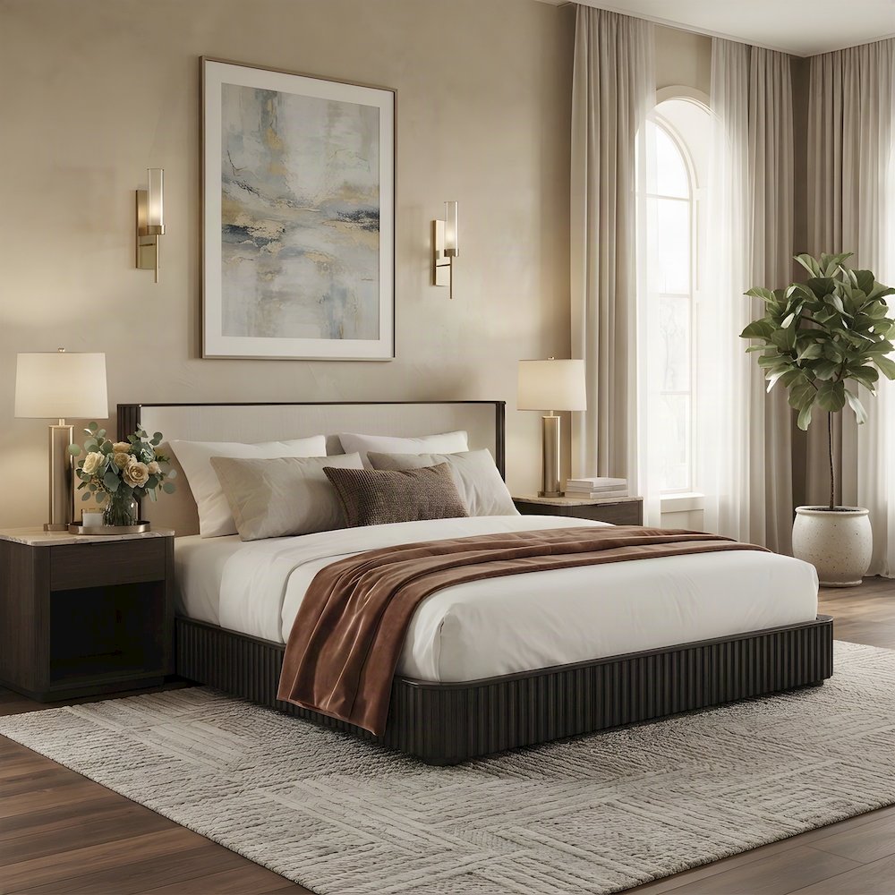 Upholstered King Platform Bed Frame with Tall Headboard, Beige Linen & Espresso