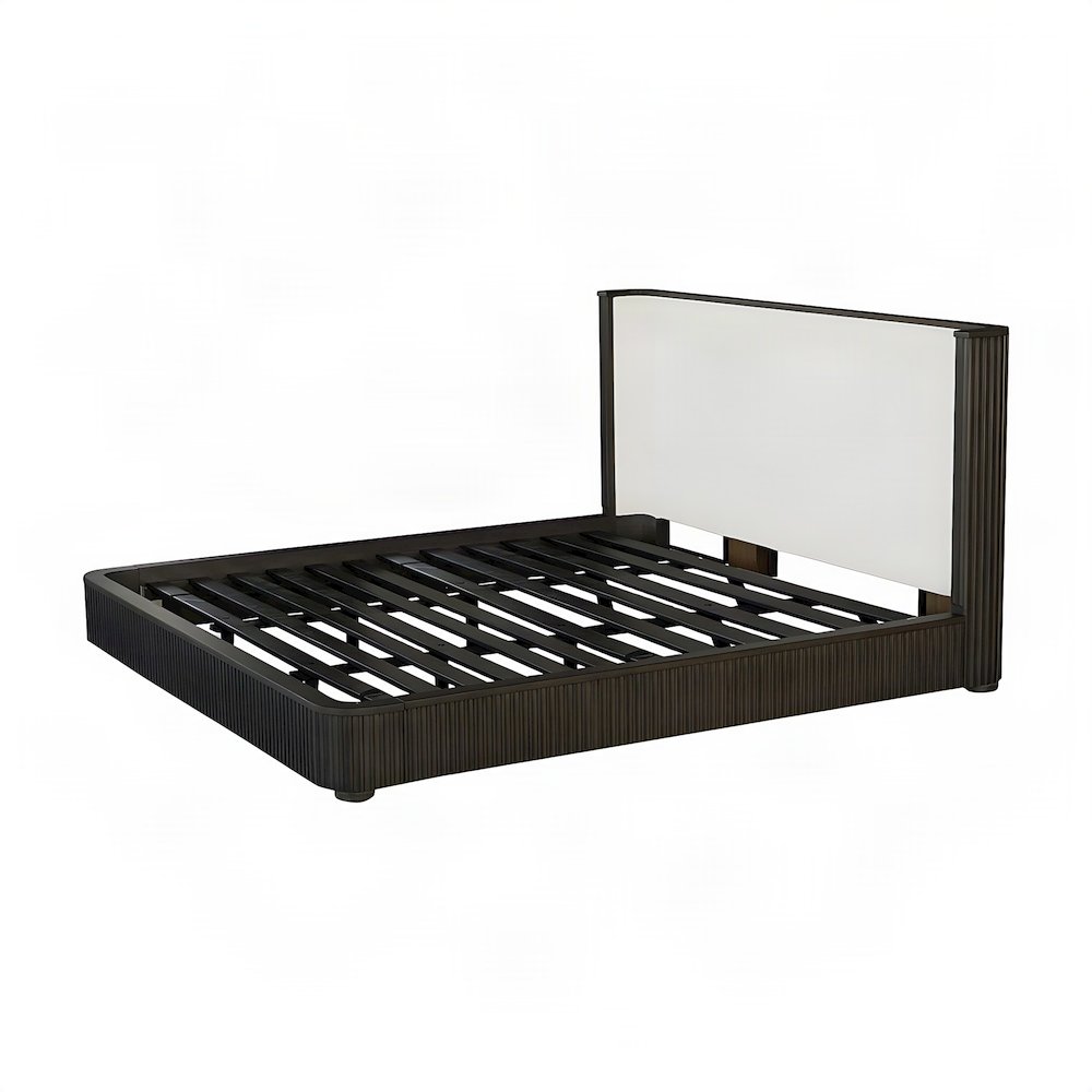 Upholstered King Platform Bed Frame with Tall Headboard, Beige Linen & Espresso